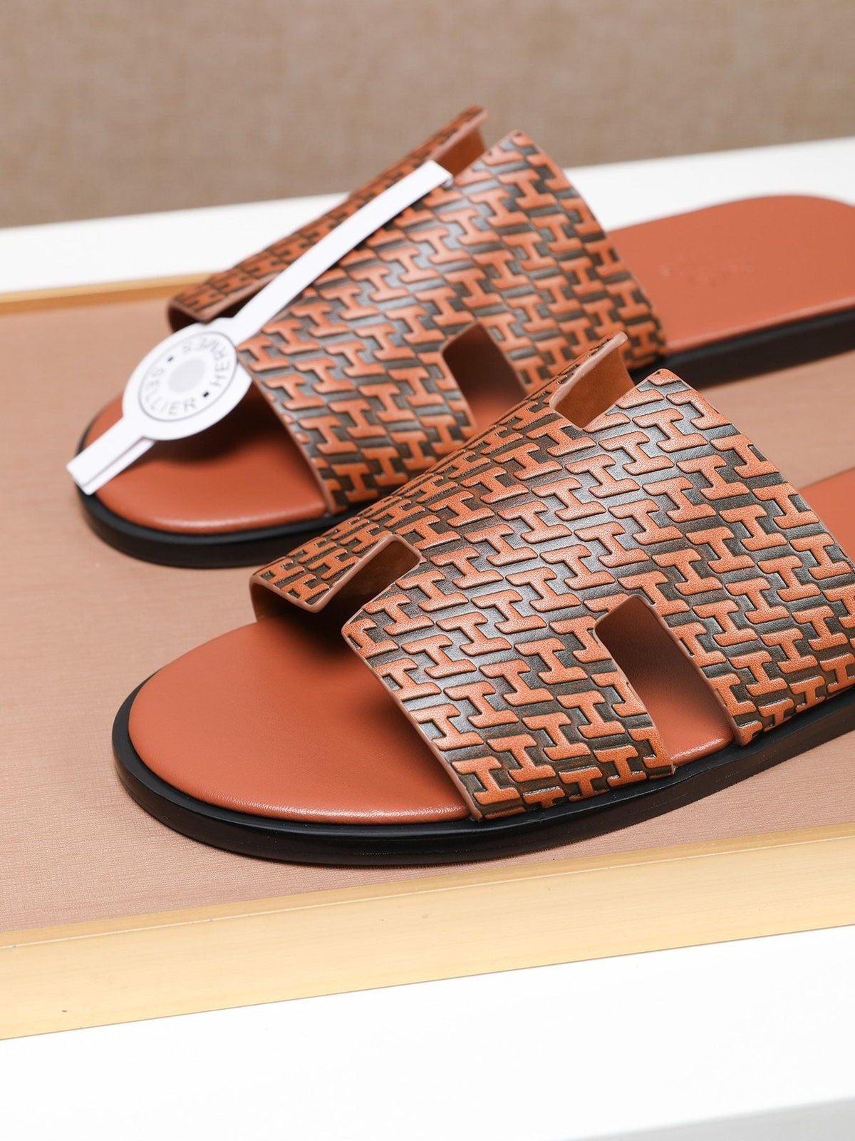 Hermes Brown Patterned H Slide Sandals